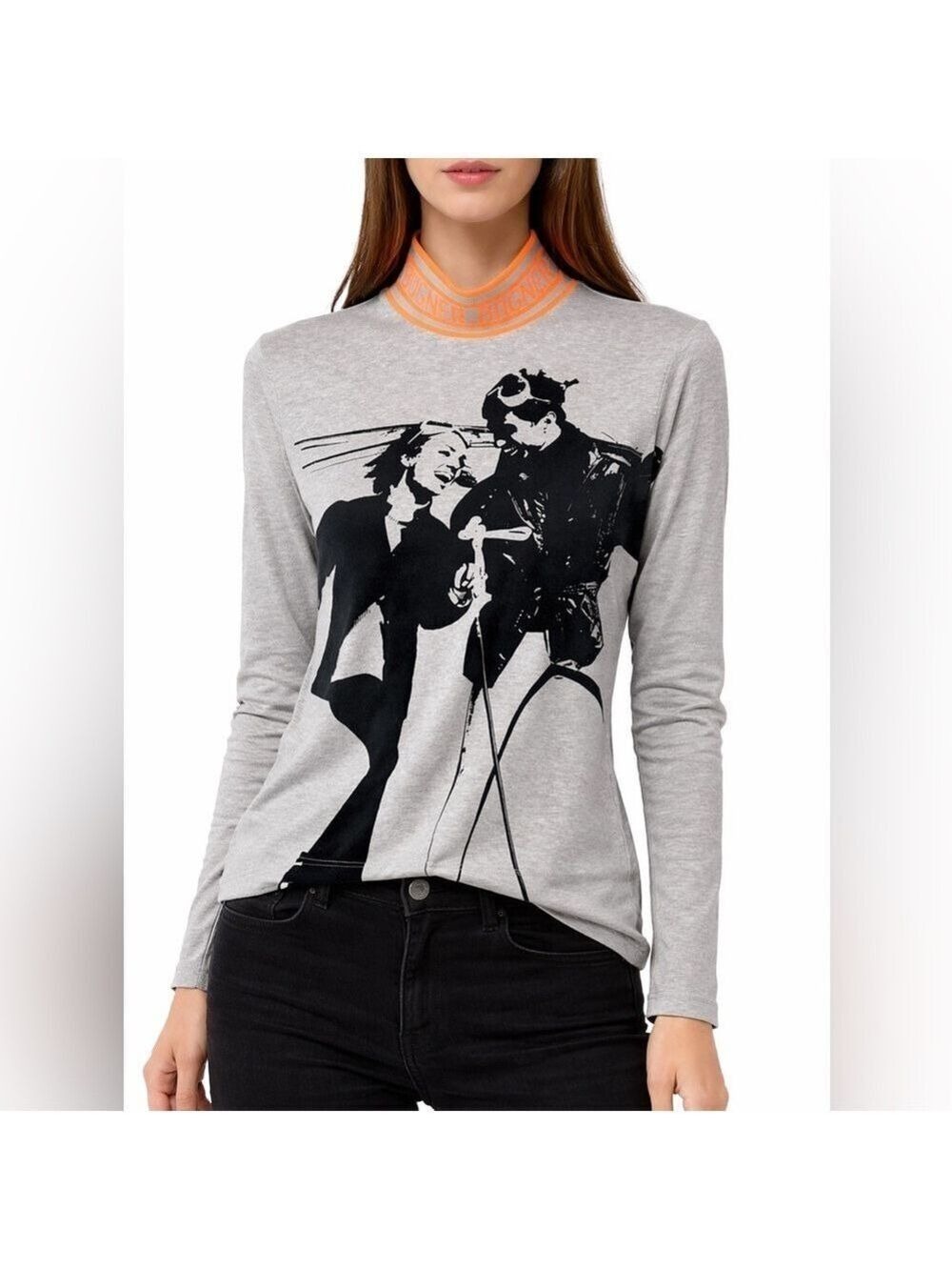 Bogner Black Gray Graphic Print Mock Neck Long Sleeve Tee Size 10